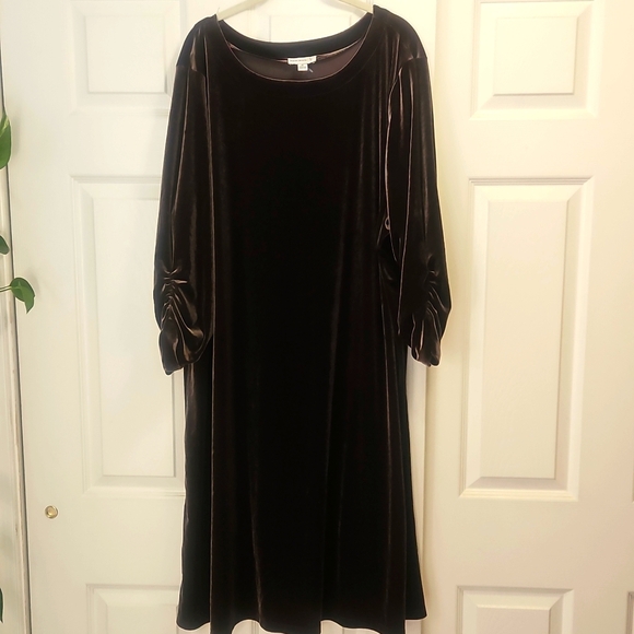 Susan Graver Brown Long Sleeve Velvet Swing Dress - Picture 1 of 5